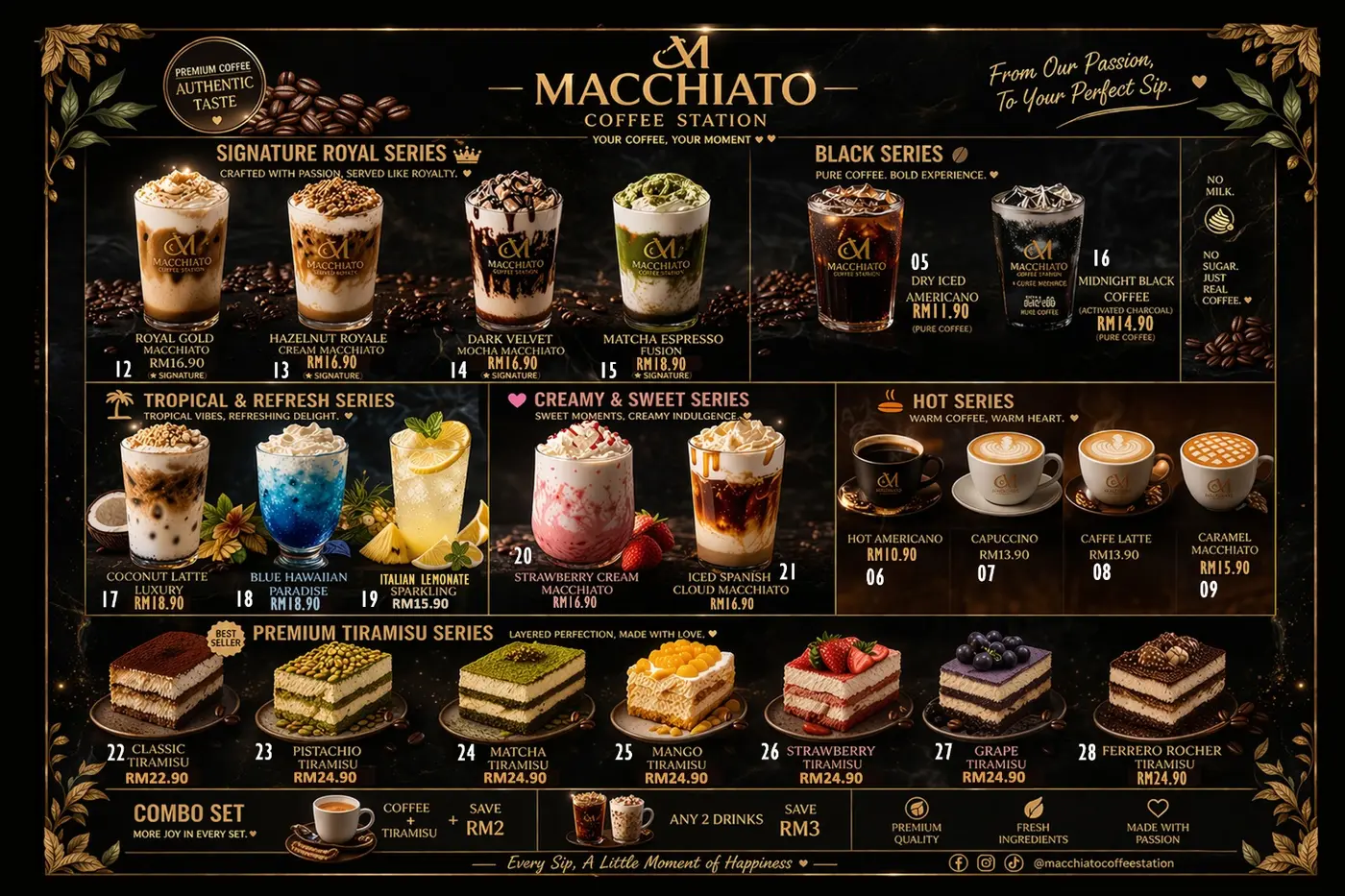 Macchiato Menu Board — Drinks & Tiramisu
